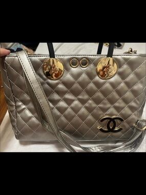 CHANEL Silver Quilted Tote with Gold Accents